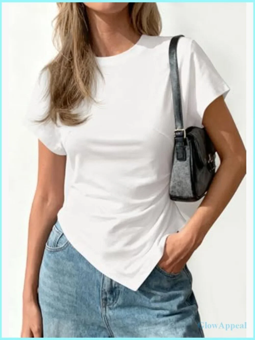 Asymmetrical Crew Neck Short Sleeve T-Shirt Slim Fit Cotton Blend - Picture 6 of 7